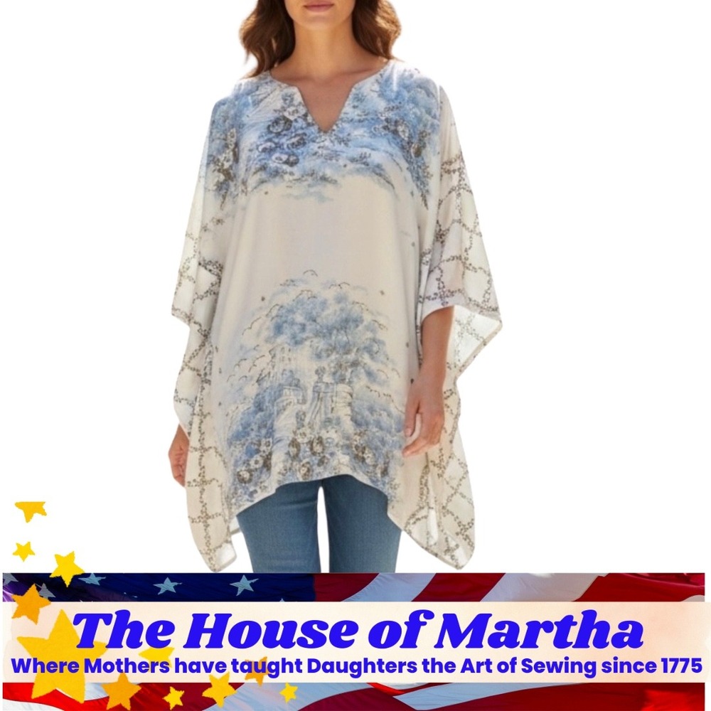 Blue 1X Toile de Jouy Scenic Print V-Neck Kaftan Tunic Top Cream Kimono Sleeve